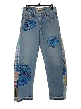 Levi's 550 Patchwork Jeans Womens Size 6 Waist 28 Plaid Custom Levis Upcycled